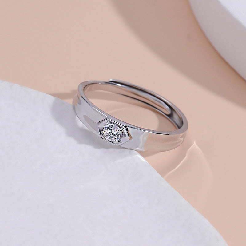 Round Zircon Concave Surface Opening Sterling Silver Ring