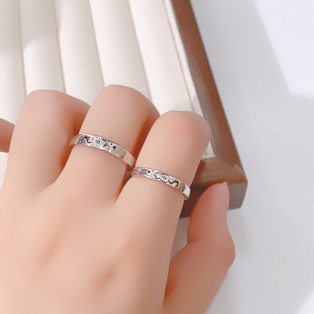 S925 Sterling Silver Cat Couple Ring — Adjustable