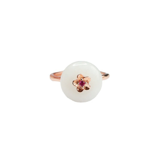 White Jade Safety Buckle Sterling Silver Ring with Natural Hetian Jade-Planderful Collection