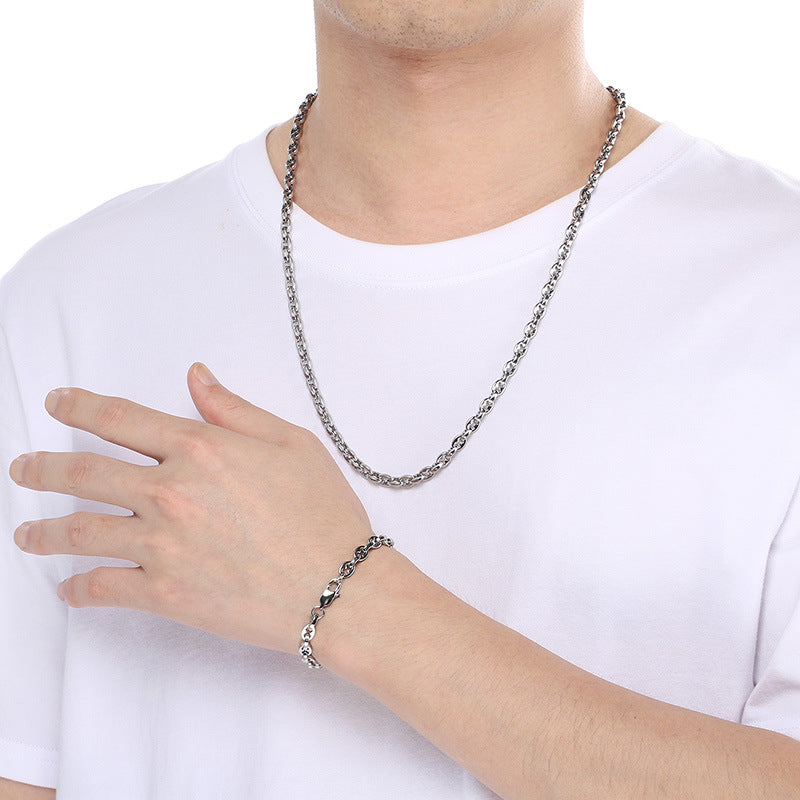 Mens 6mm Stainless Steel Bracelet And Necklace Set Buckle