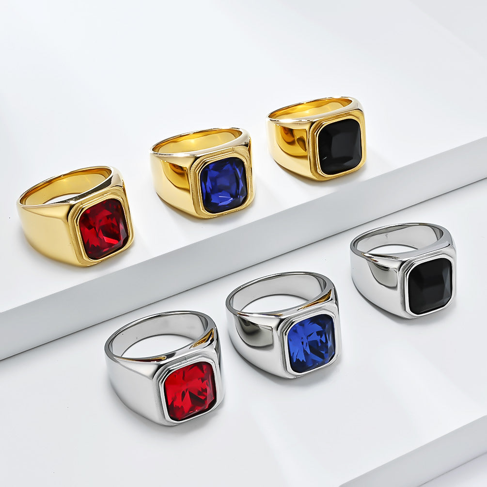 Planderful Personalized Light Luxury Men's Square Gemstone Ring Titanium Steel Gold-Plated