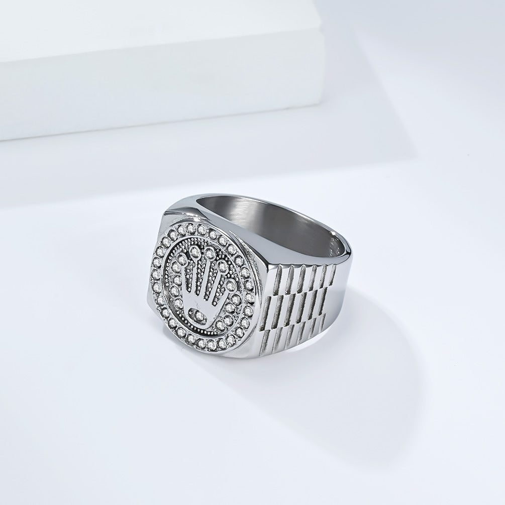 Planderful Titanium Steel Crown Ring For Men Zircon Inlaid Domineering Hip Hop Style
