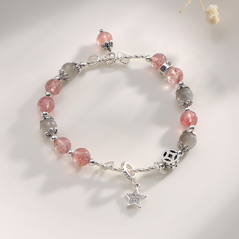Strawberry Crystal Sterling Silver Bracelet with Stars and Moon Design