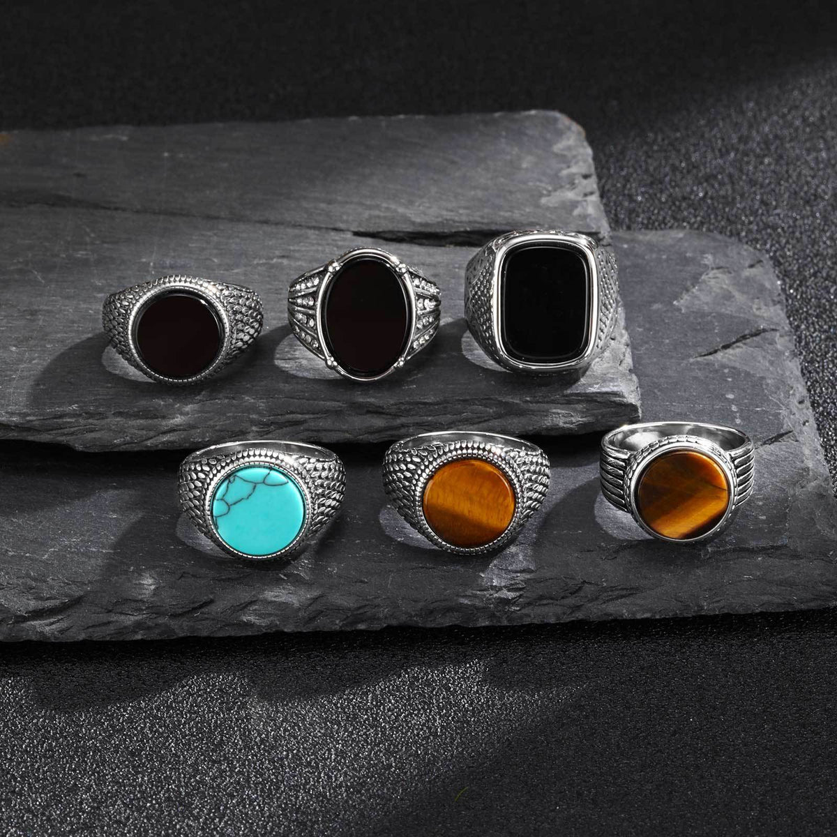 Stainless Steel Ring Square Glass Stone Oval Natural Tiger's Eye Agate