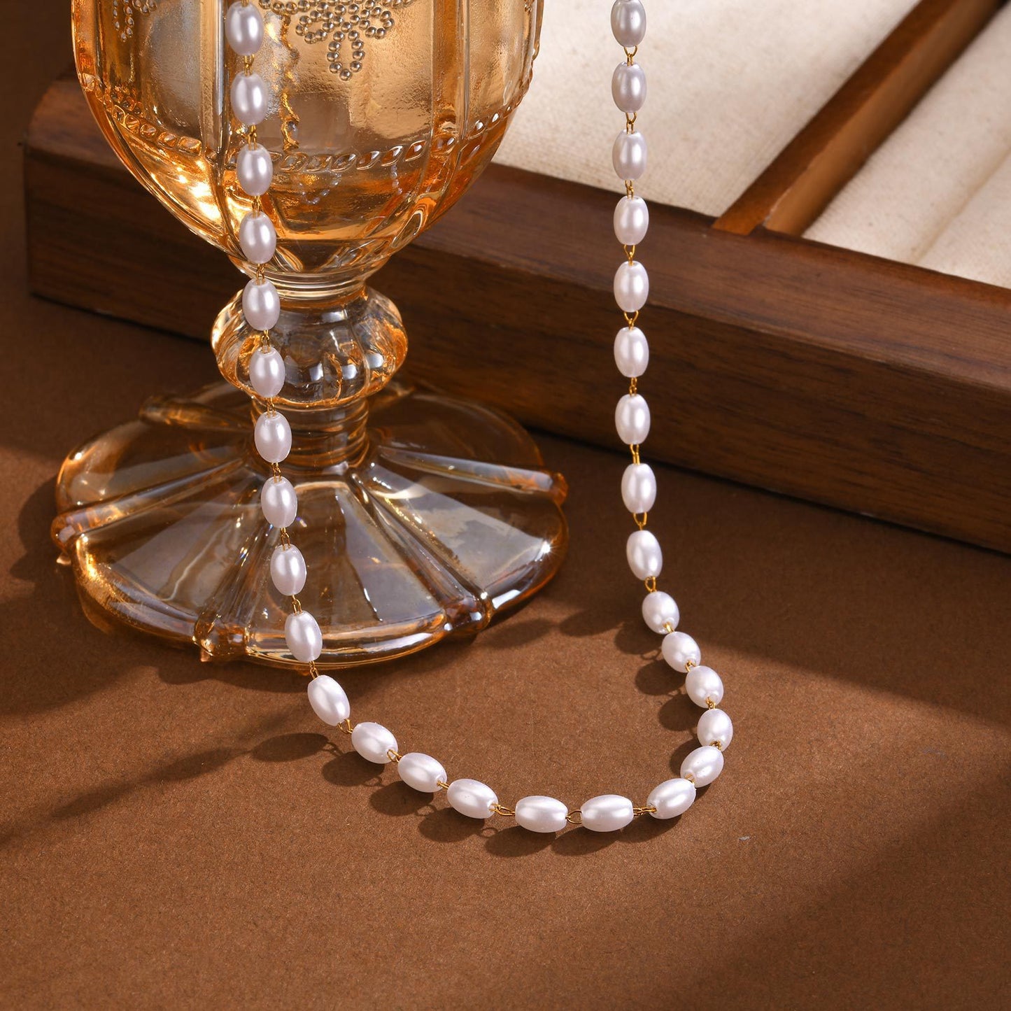 Ladies Stainless Steel Imitation Pearl Chain Gold Necklace