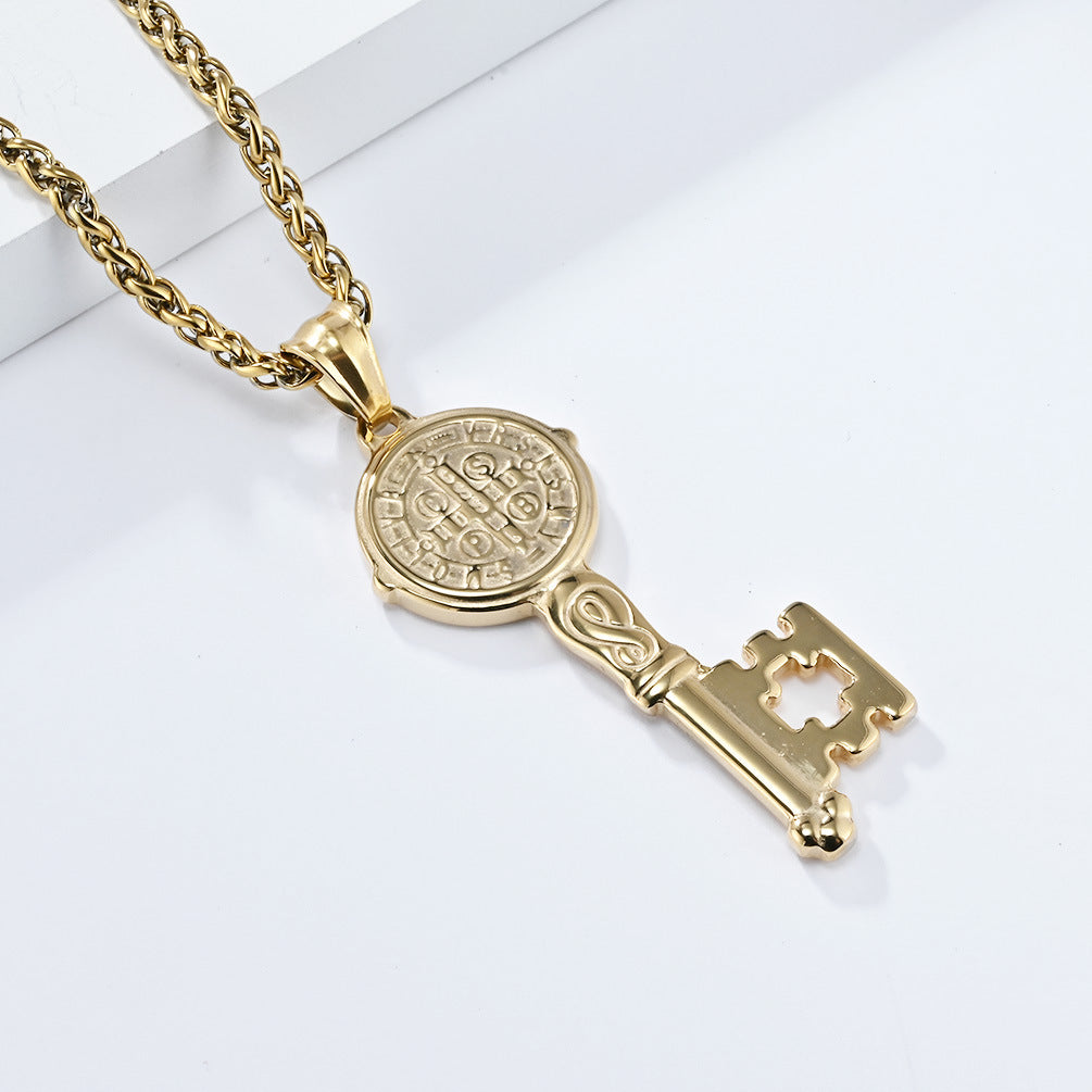 European and American Style Saint Benedict Titanium Steel Key Necklace for Men