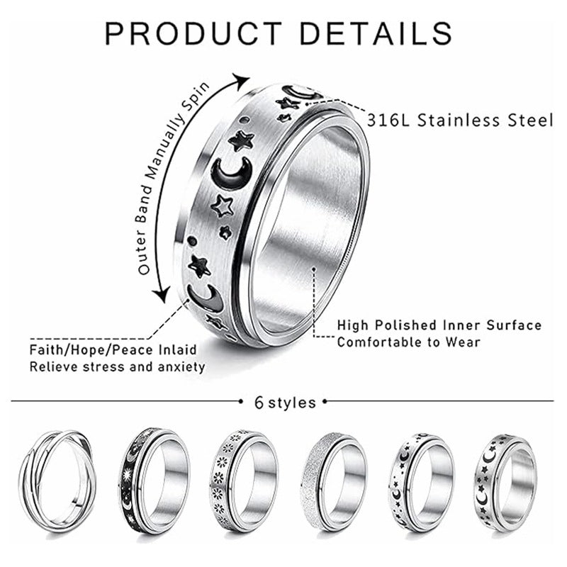 Planderful Everyday Genie Titanium Steel Rotatable Ring Star Moon For Men Women Unisex Couple Set