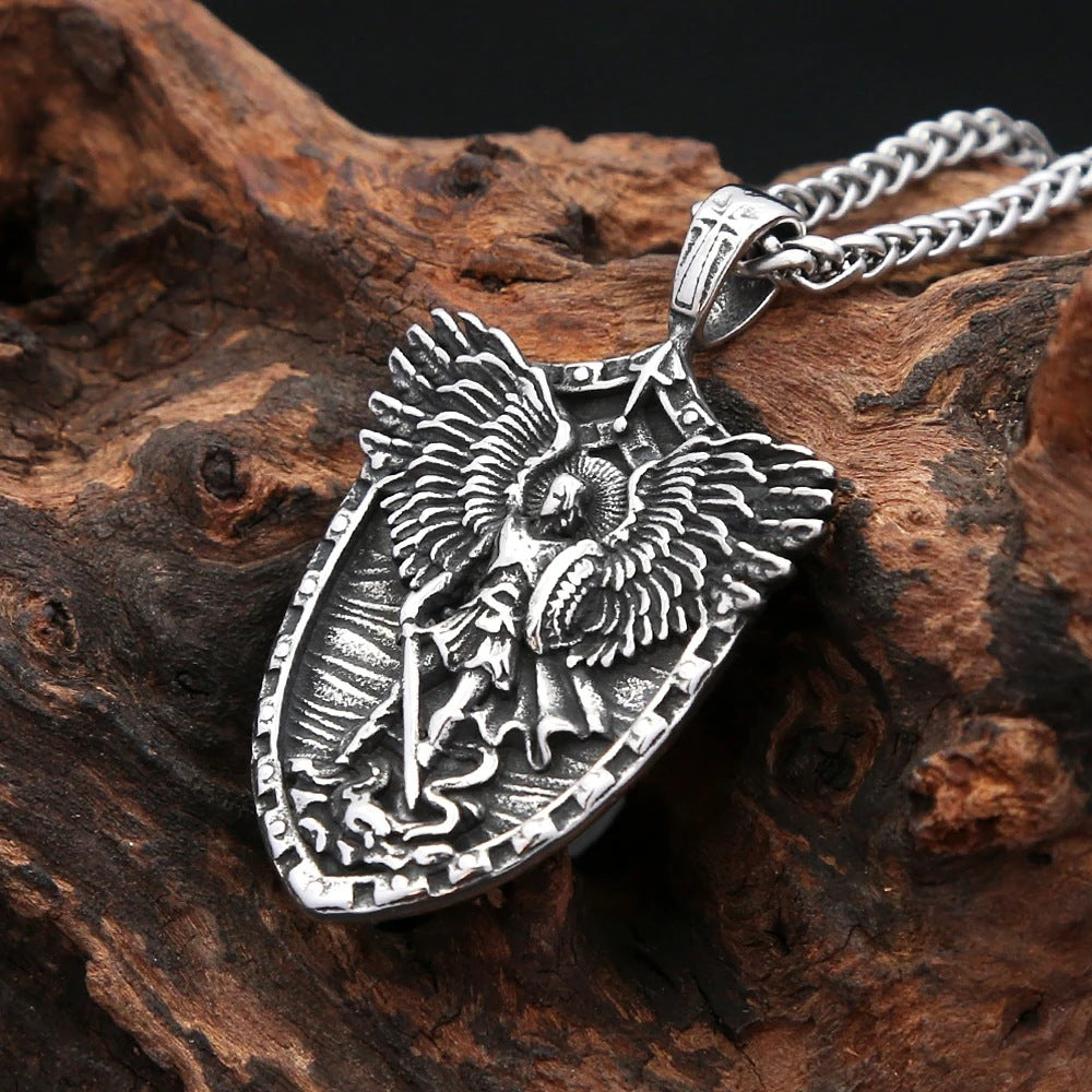 1. Planderful Saint Michael Necklace Stainless Steel With God Of War Pendant For Men