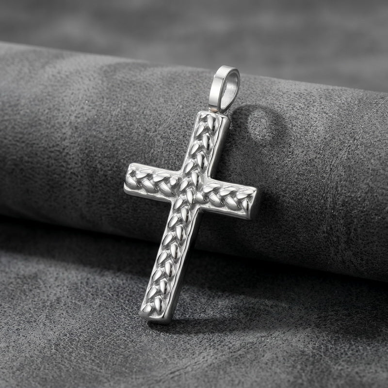 Round Bead Chain Trendy Three-Dimensional Wheat Ear Pattern Cross Pendant, Stainless Steel Square Necklace
