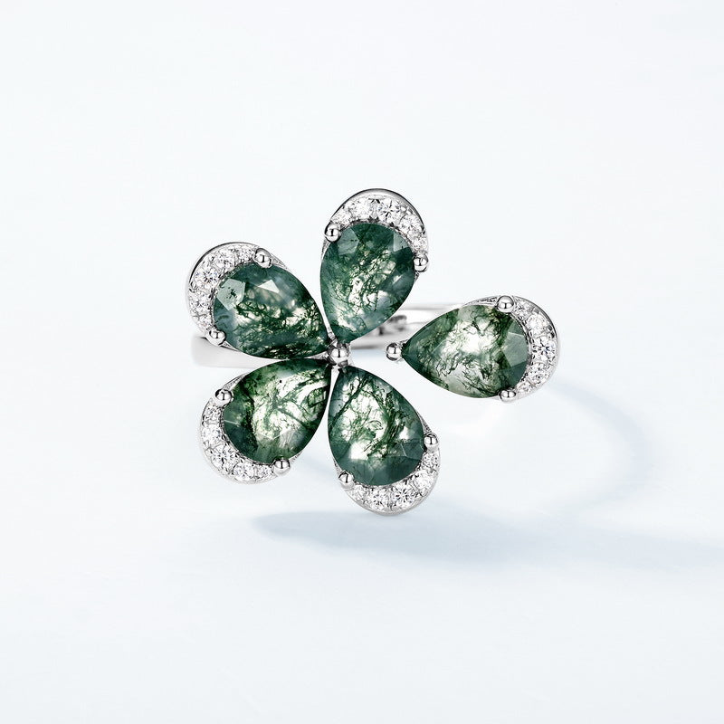 Planderful Jewelry Sterling Silver Moss Agate Ring Open Flower Design Adjustable Fit
