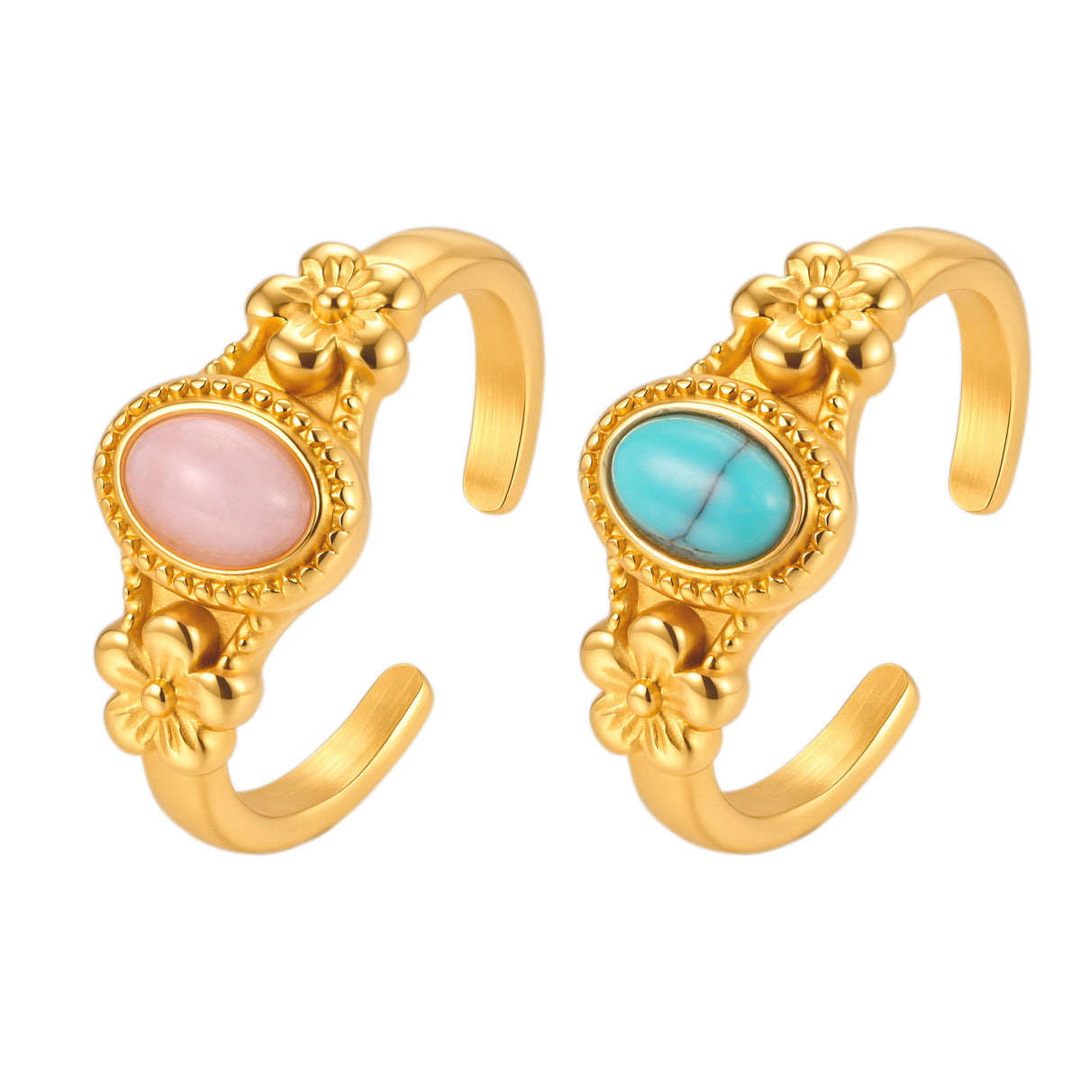Stainless Steel Oval Egg Powder Spar Flower Opening French Light Girlfriend Gift Ring