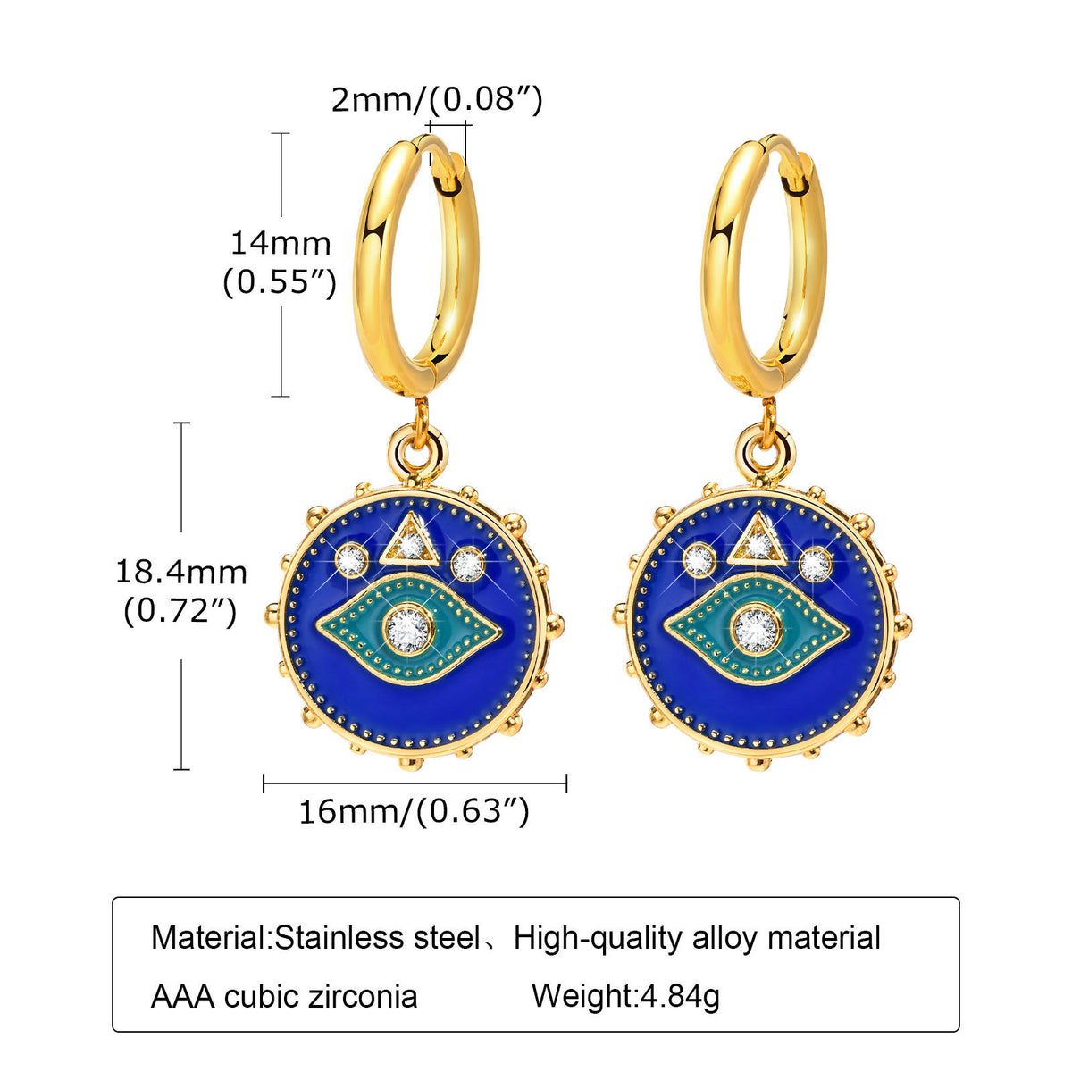 Blue Enamel Evil Eye Charm Hoop Earring