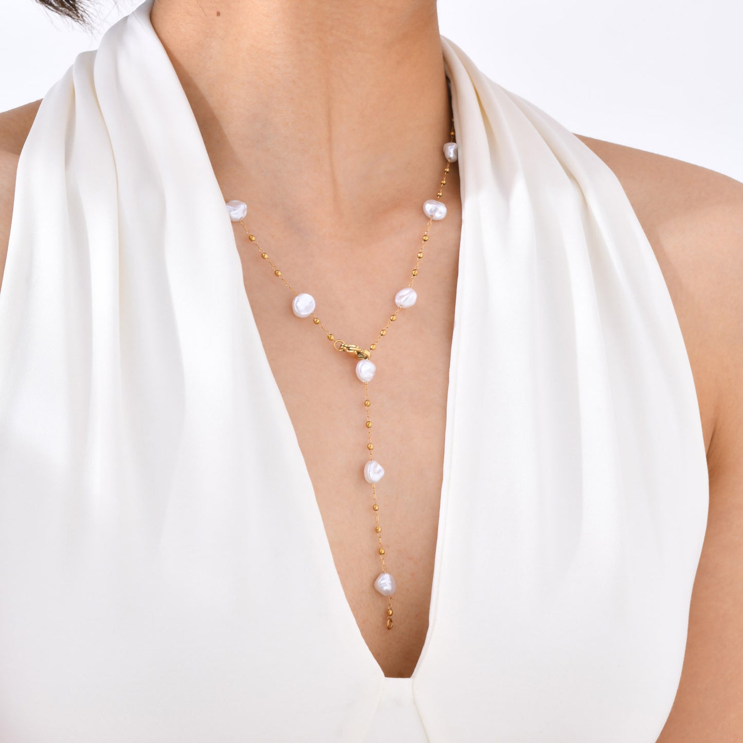 Ladies Imitation Baroque Pearl Y-Shaped Gold Necklace Stainless Steel Chain