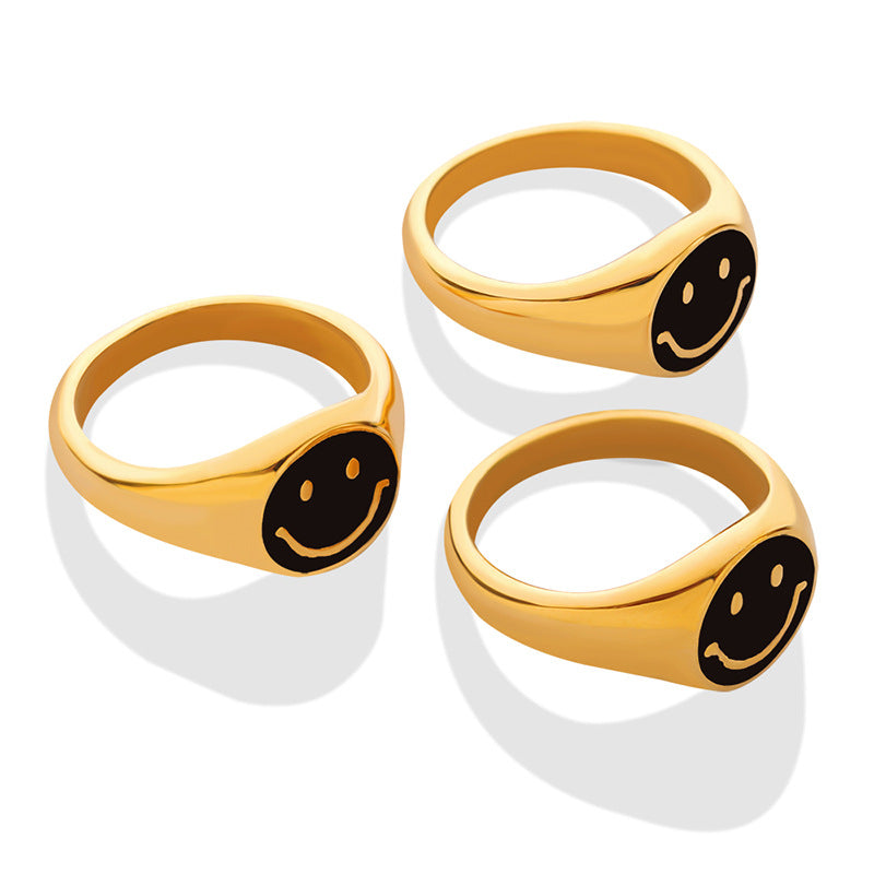 Korean Geometric Gold-Plated Smiley Face Ring with Titanium Steel - Women's Fashion Jewelry
