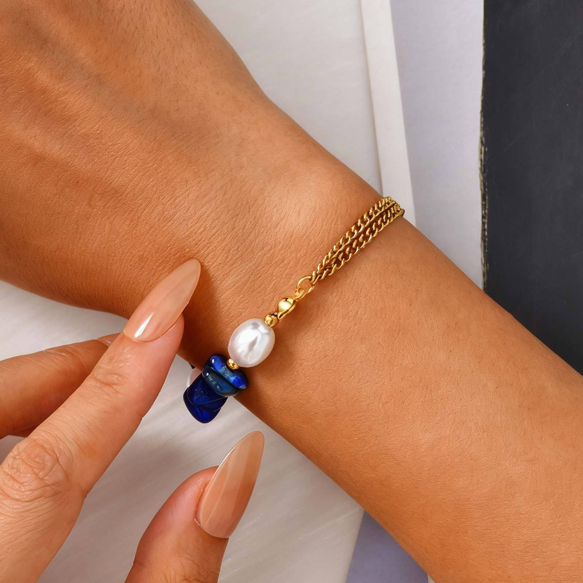 Pearl Lapis Lazuli Stainless Steel Bracelet for Women