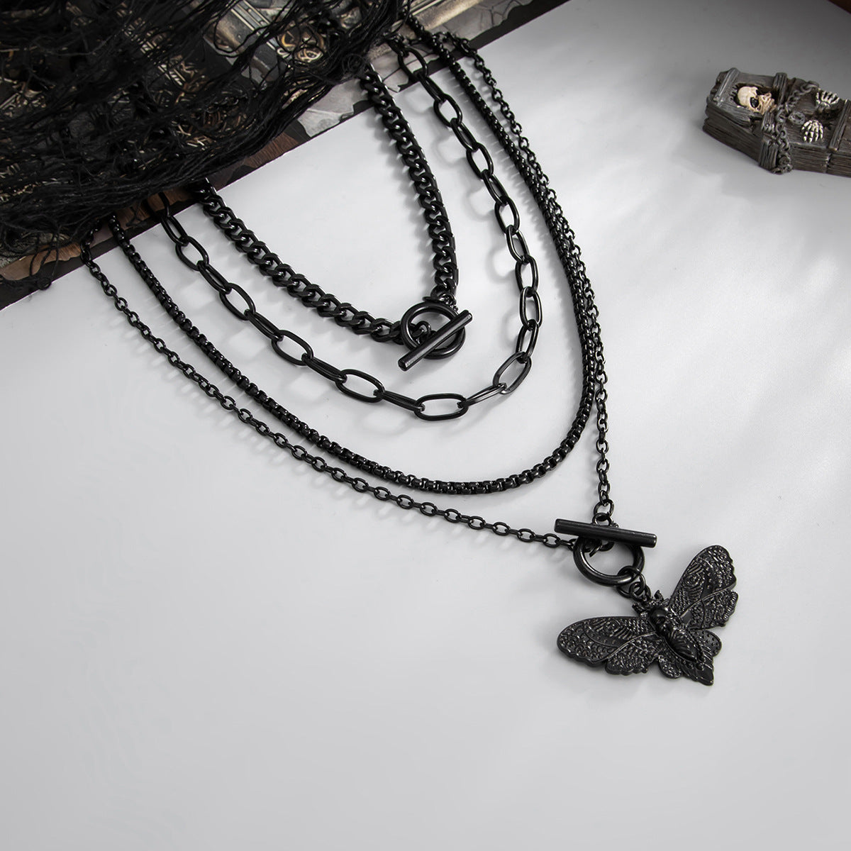 Skeleton Moth Punk Layered Chain Necklace