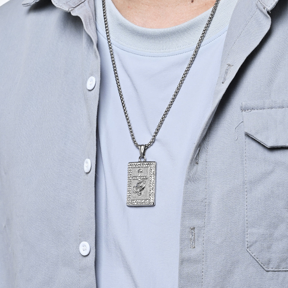 Planderful Zircon Inlaid Prayer Hand Cross Necklace For Hip Hop Fans Urban Style Premium Edition