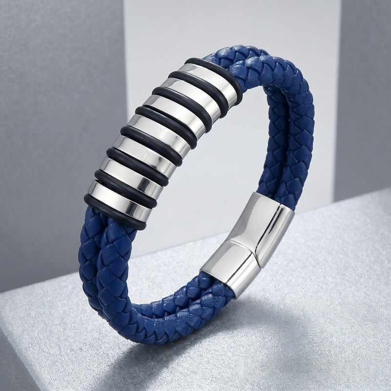 Blue/Black Leather Bracelet Double Layer Braided Microfiber Leather Stainless Steel