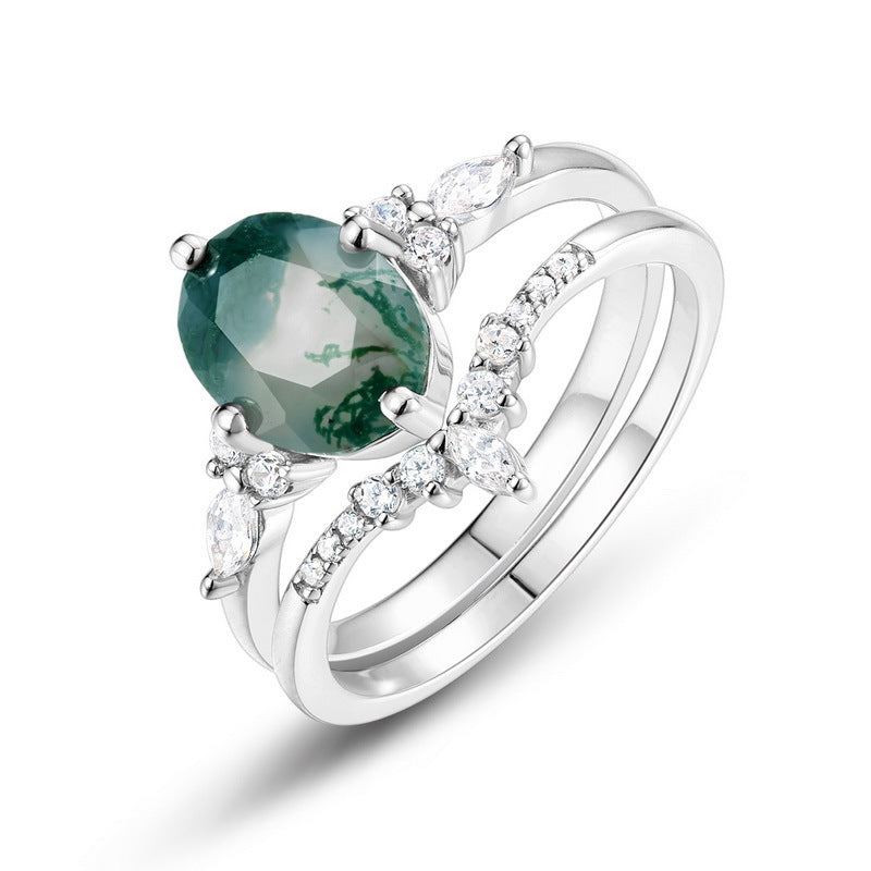 Planderful Jewelry Sterling Silver Moss Agate Ring With V Shape And Elegant Zircon Accents For Everyday Luxury