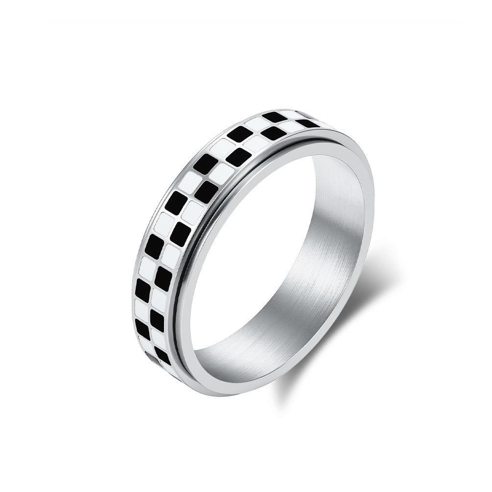 Planderful Rotating Plaid Ring For Women Black And White Niche Design High End Steel Jewelry