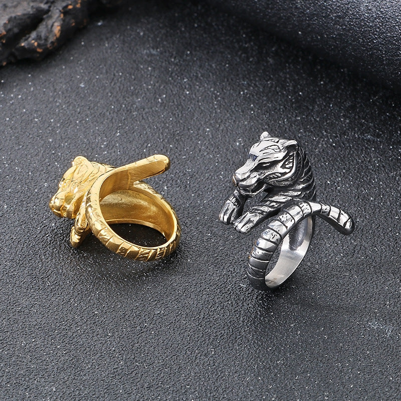 Planderful Zodiac Tiger Head Ring Mens Titanium Steel