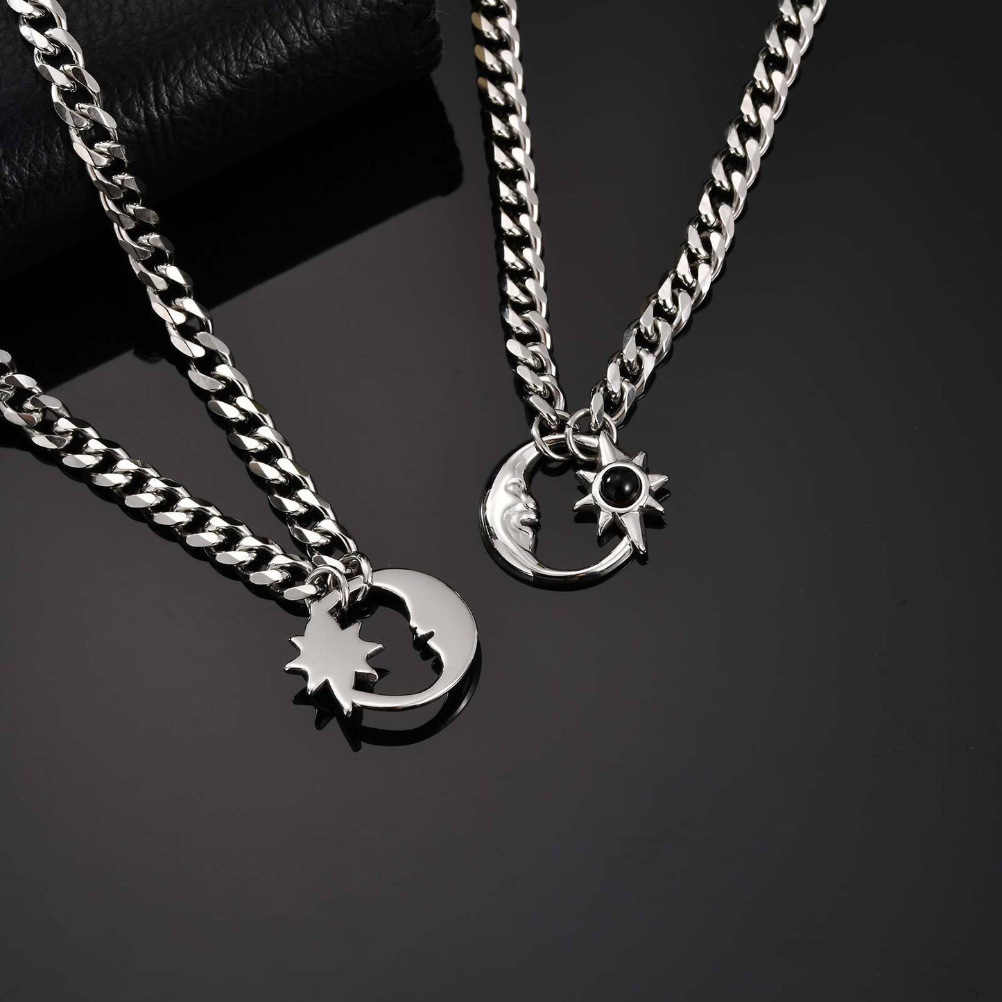 Stainless Steel Six-Sided Grinding Chain Star & Moon Necklace Sun Star Moon Opal