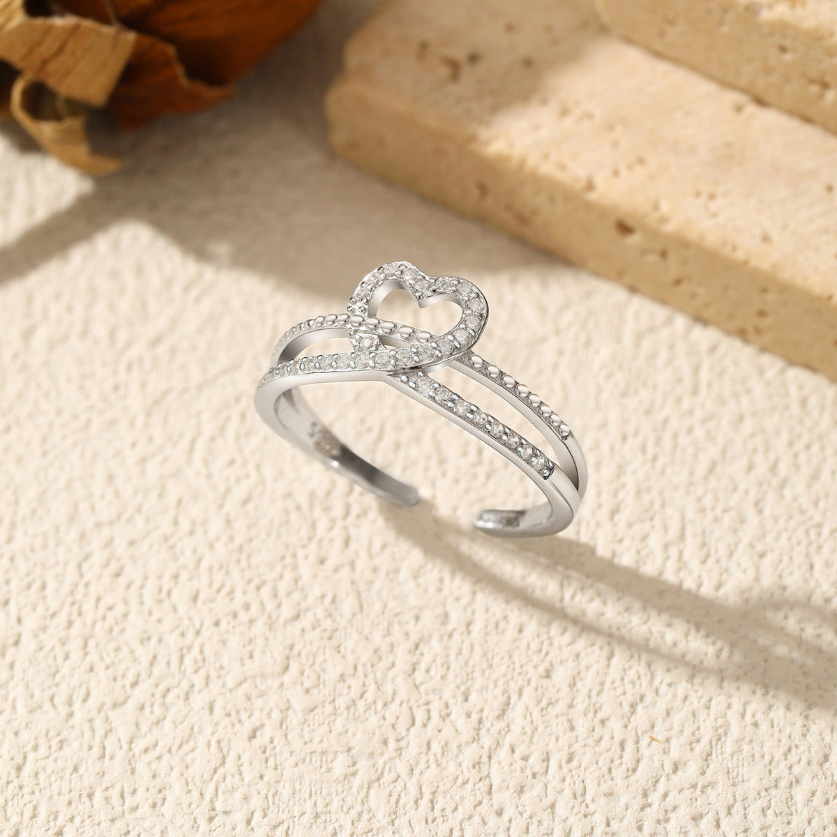 925 Sterling Silver Double-Layer Heart Zircon Ring