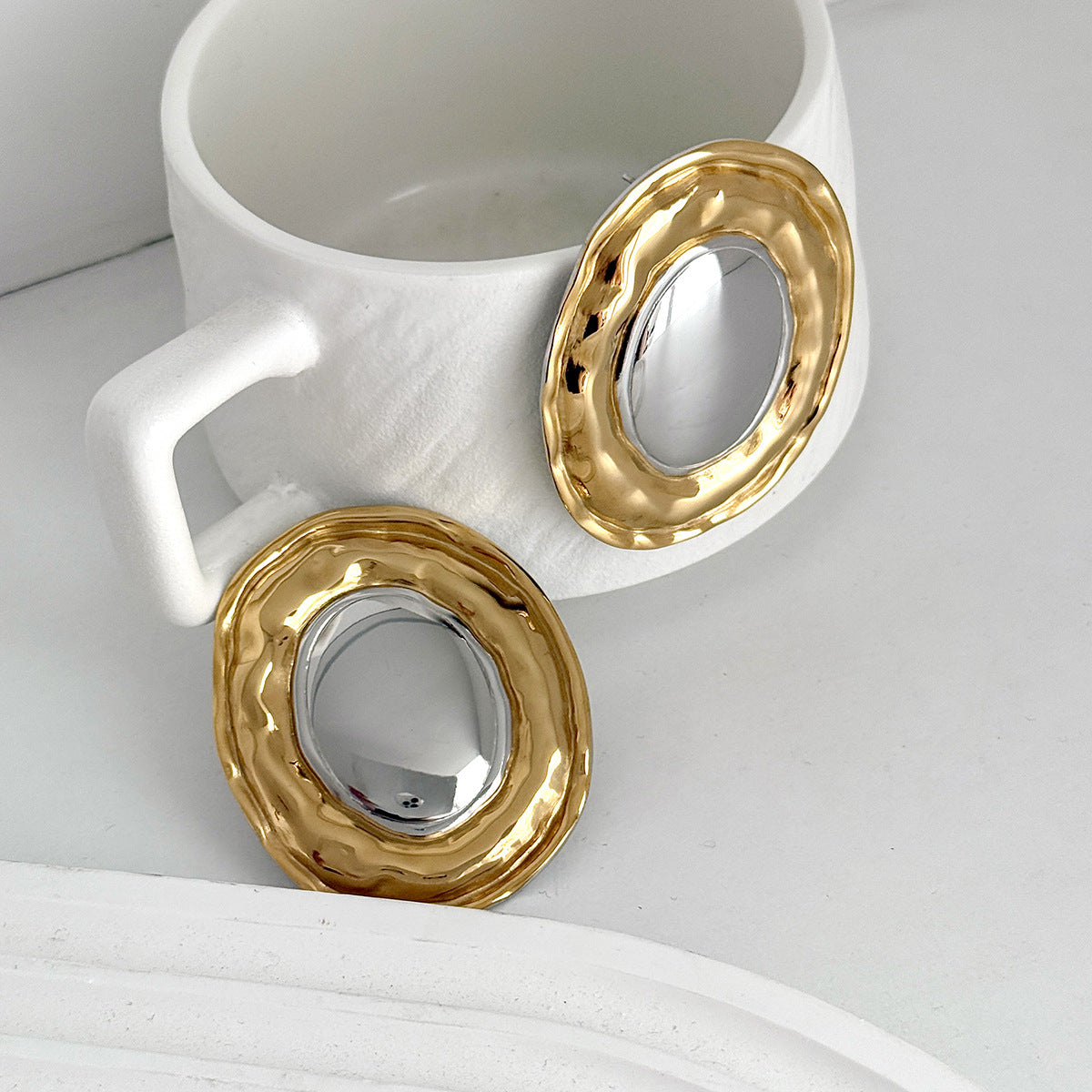 Planderful Vienna Verve Stainless Steel Stud Earrings For Women Textured Oval Beaten Texture