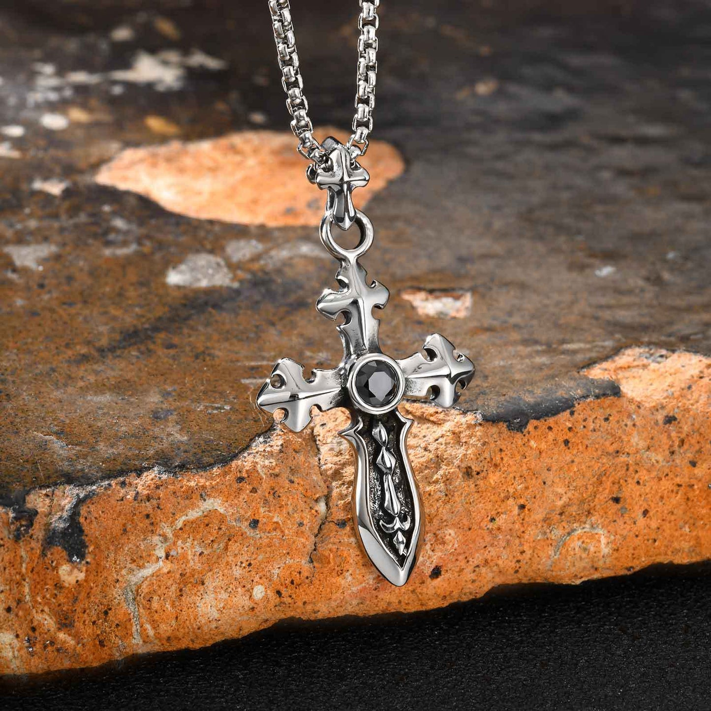 Planderful Retro Zircon Cross Sword Necklace Stainless Men