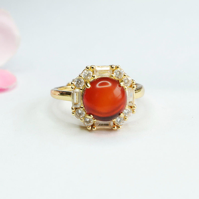Amber Beeswax Halo Ring with Zircon Accent - Adjustable Sterling Silver Ring