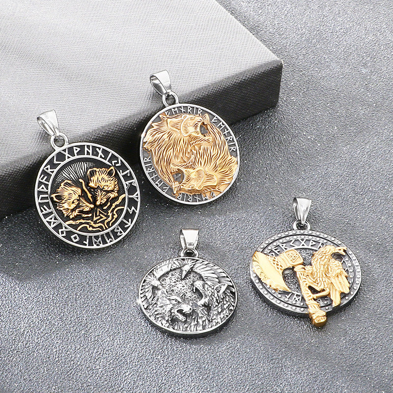 Nordic Viking Mythology Tomahawk Raven Totem, Retro Double Wolf And Crow Titanium Necklace