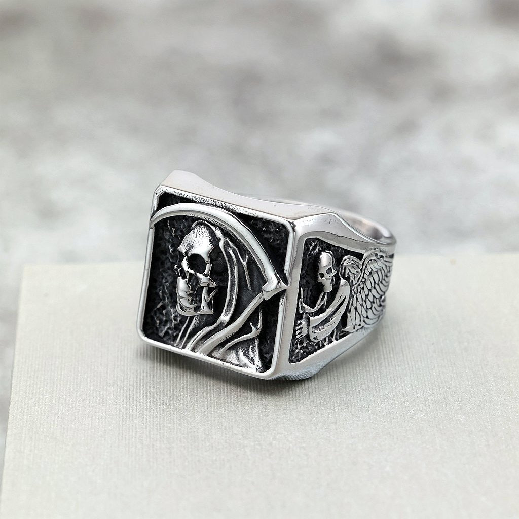Planderful Gothic Reaper Ring For Men Stainless Titanium Steel Customizable Skull Sickle