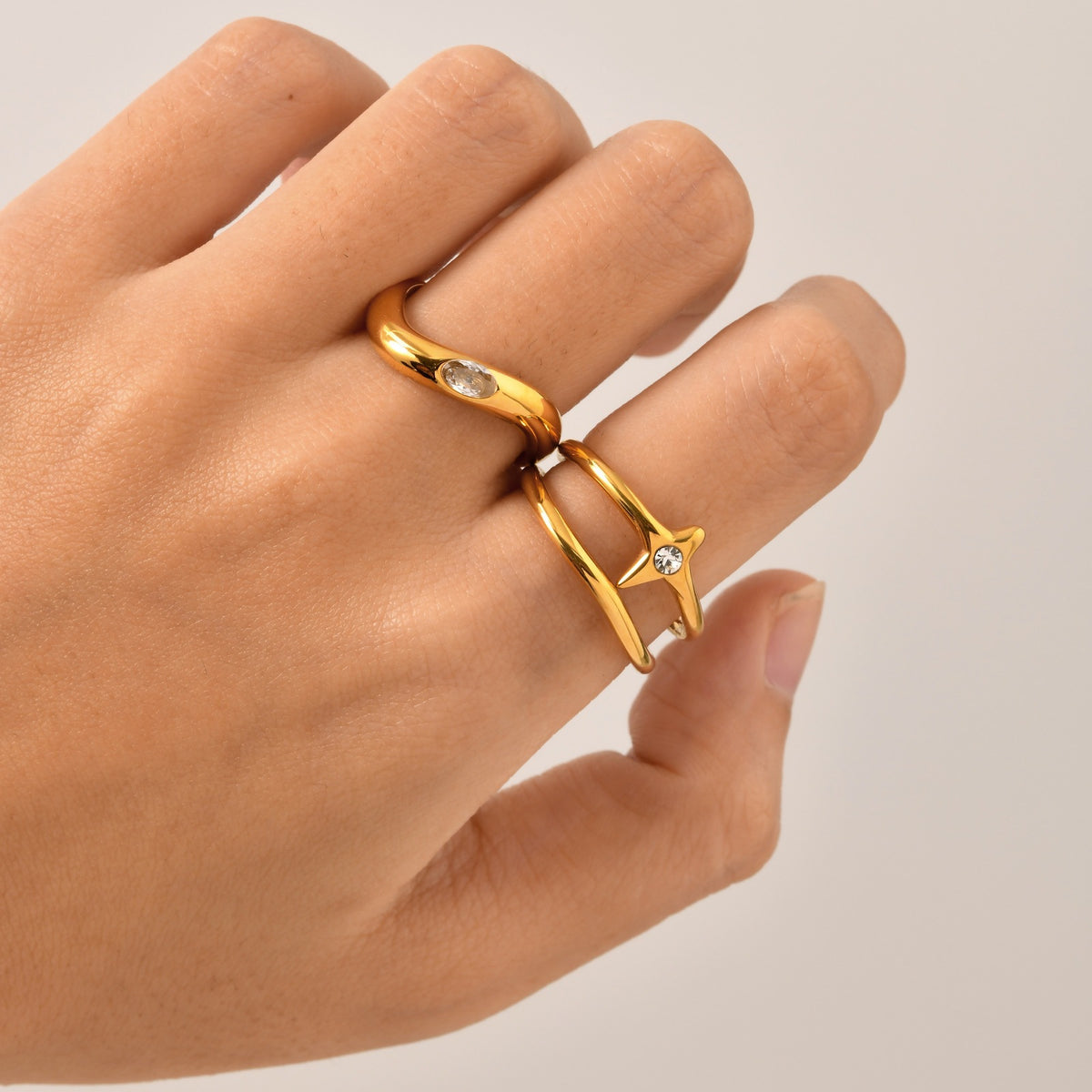 Unique Design Index Finger Ring Stainless Steel Irregular Double Layer Quadrangram Zircon