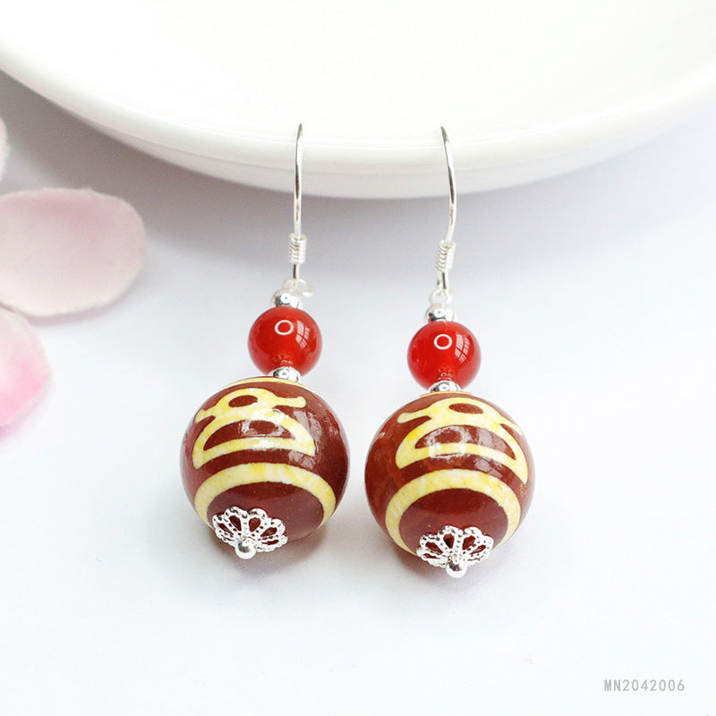 Wealth Motif Dzi Bead 925 Silver Hook Earrings