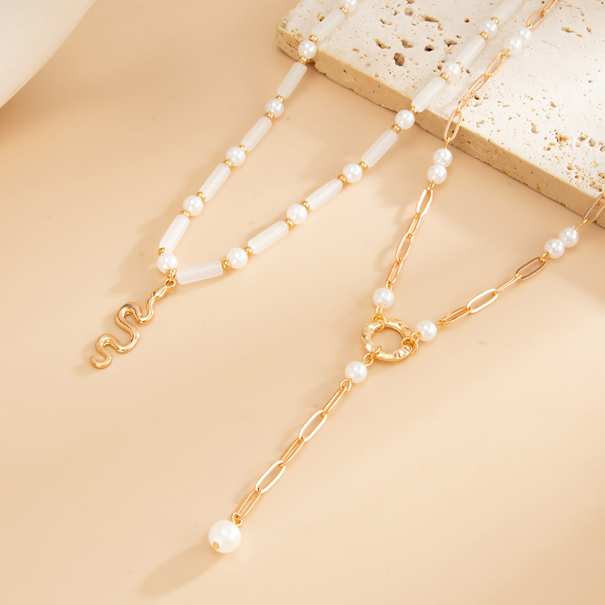 Bamboo Snake & Pearl Cross Y-Necklace