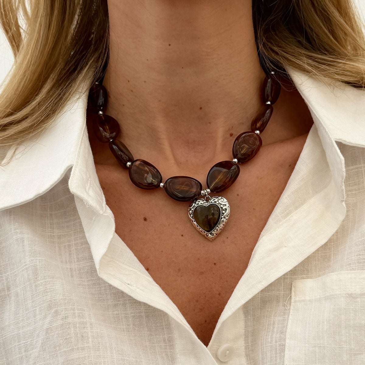 Amber Heart Maillard Bead Necklace