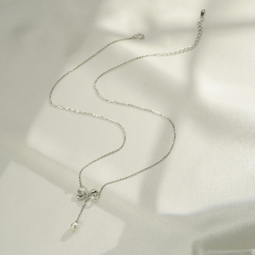 Korean INS Style 925 Silver Bow Pearl Tassel Necklace Women's Wholesale