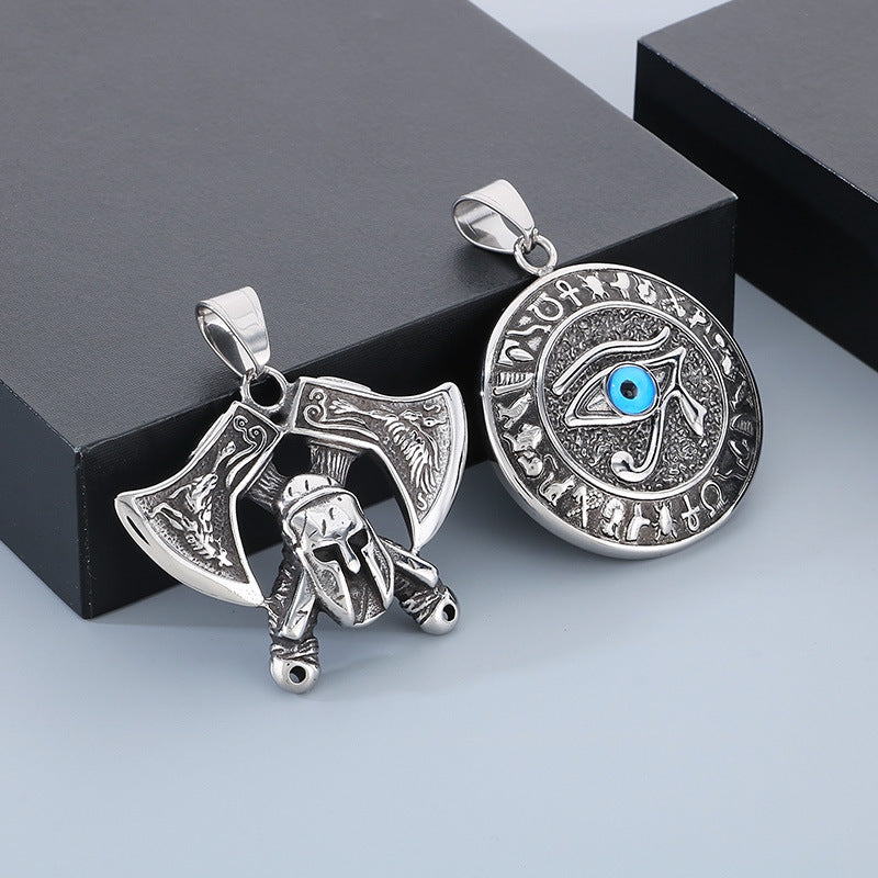 Mythology Series Pendant, Retro Double-Sided God Axe Mask Devil'S Eye Snake Woman Titanium Necklace