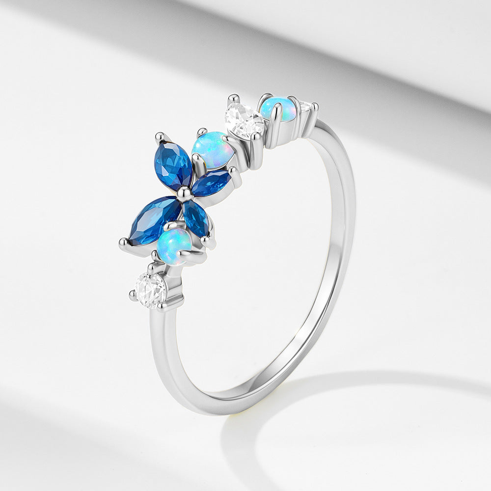 S925 Sterling Silver Zircon Opal Butterfly Ring