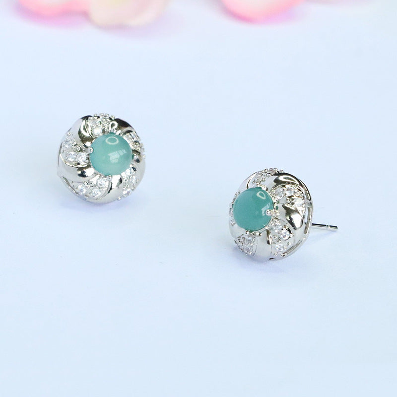 Blue-Water Jadeite Bead Halo Stud Earrings