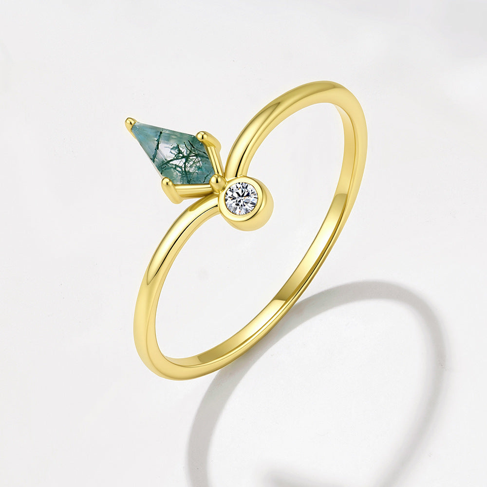 S925 Sterling Silver Aquatic Agate Ring, Crown Stacked With Natural Green Moss Stone