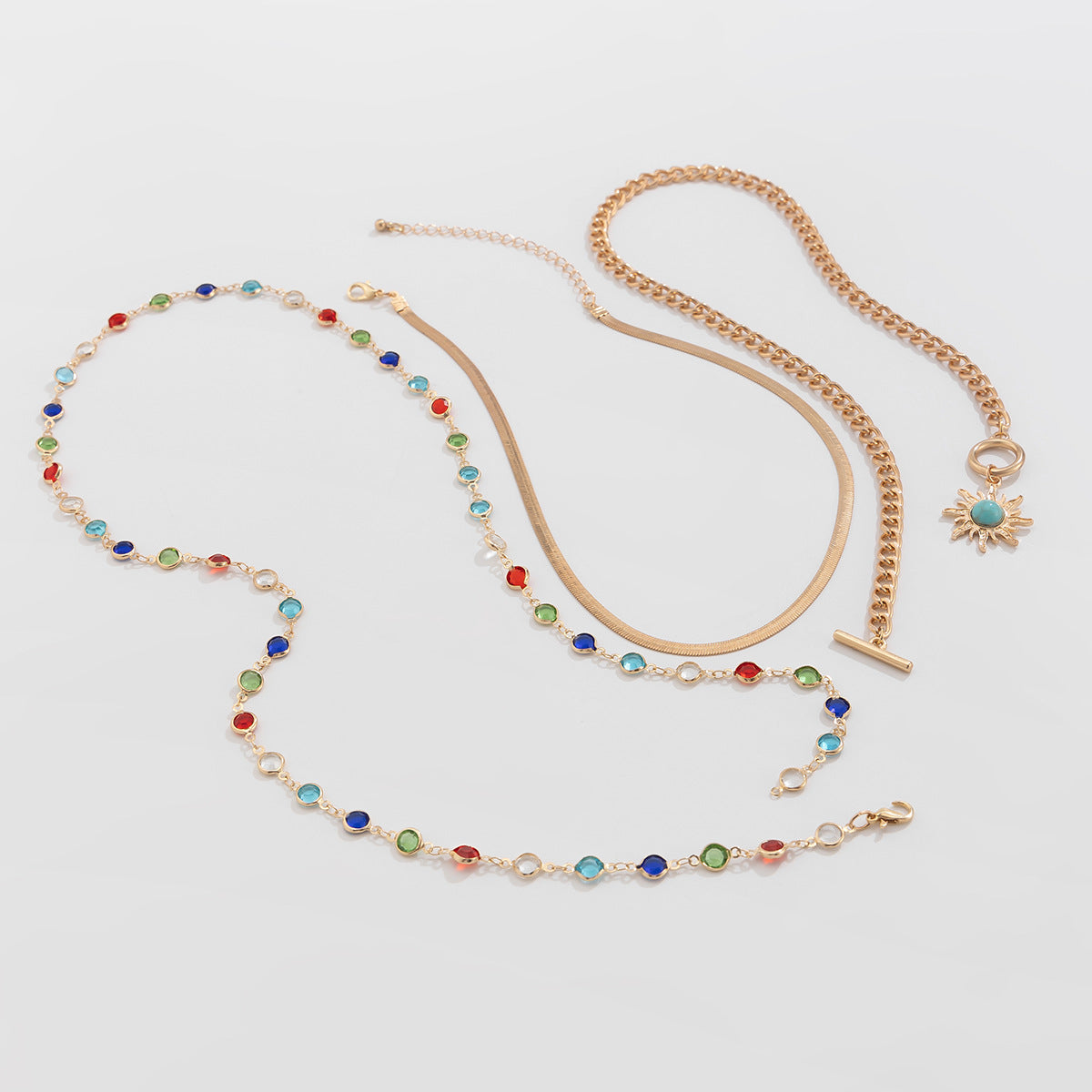 Sun Pendant Crystal-Style Layered Necklace Set