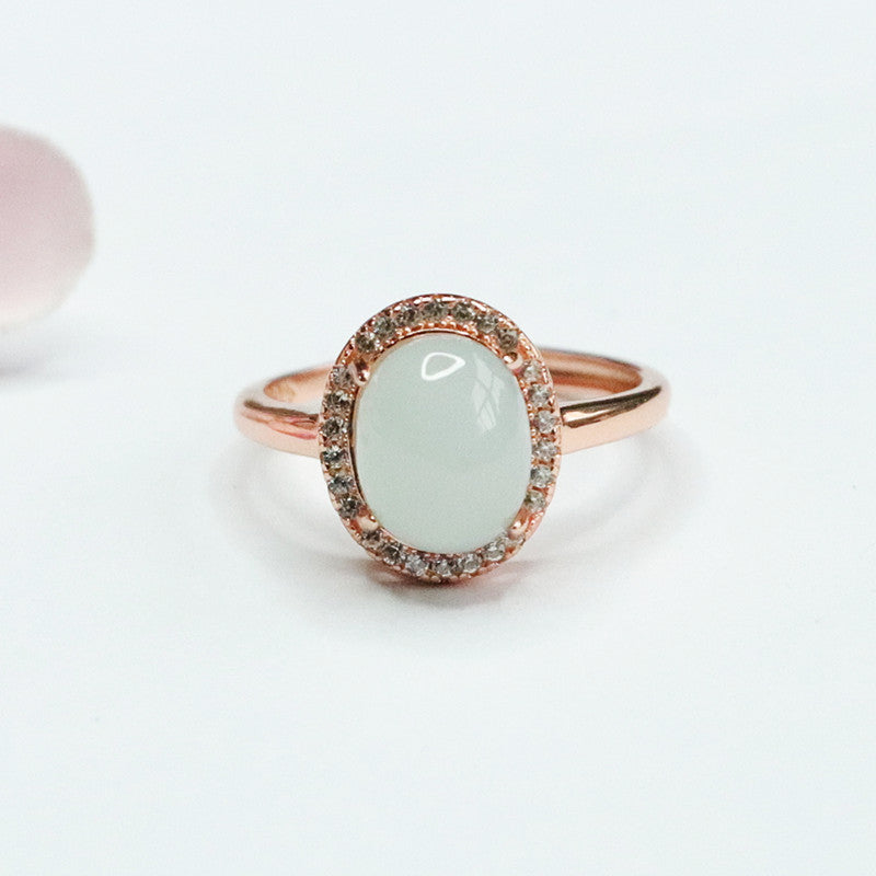 Sterling Silver Oval Jadeite Zircon Halo Ring
