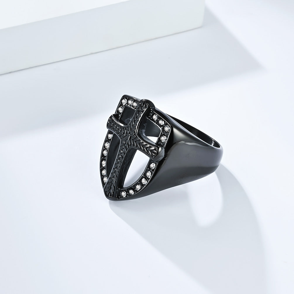 Planderful Shield Cross Ring For Men Zircon Set Retro Style Bold Fashion Everyday Genie Size Seven To Thirteen