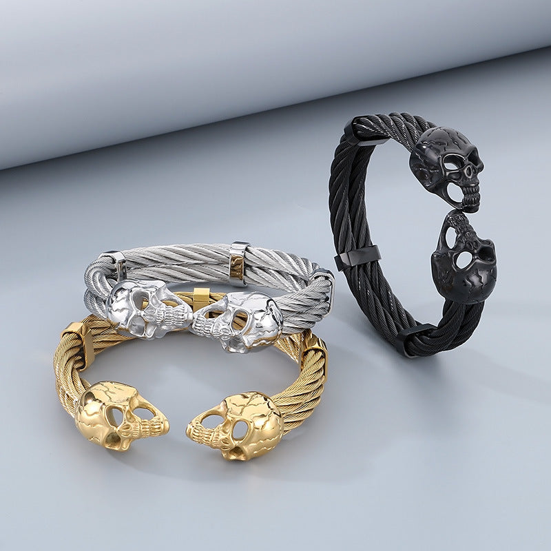 Punk Double Skull Steel Wire Men's Titanium Steel Bracelet