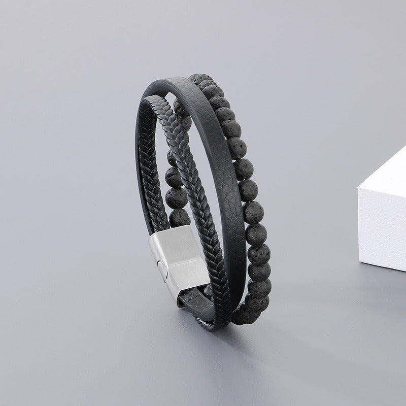 Planderful Men Beaded Leather Stainless Steel Bracelet