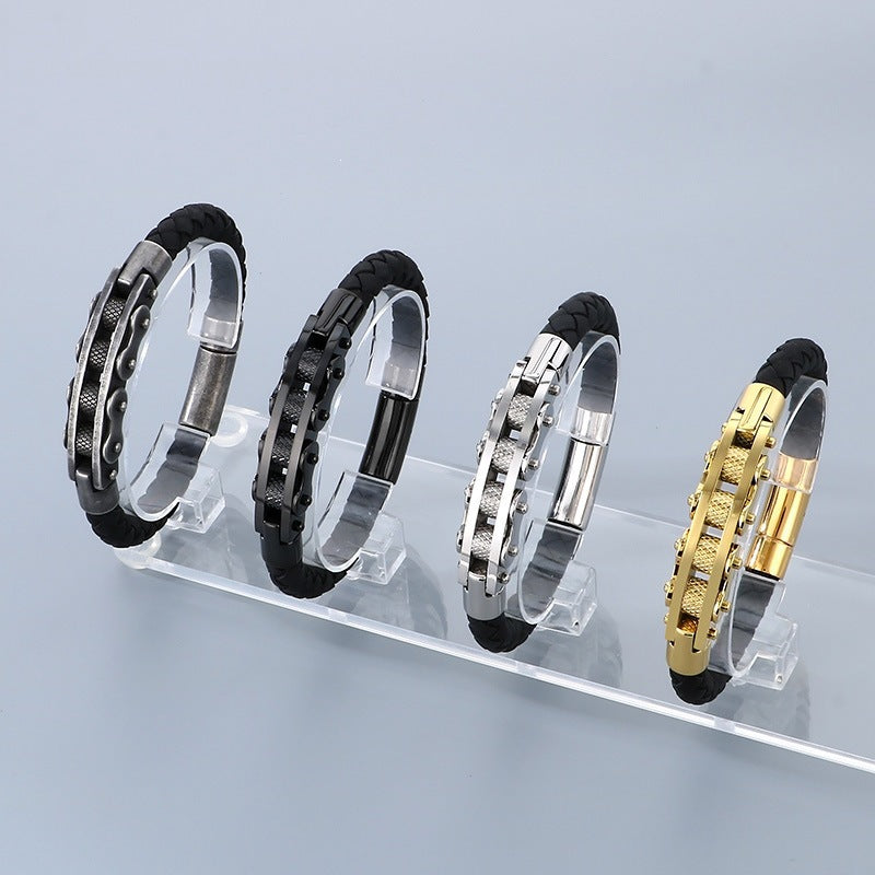 Business Style Strap Chain Woven Leather Rope Bracelet – Stainless Steel Bicycle Chain