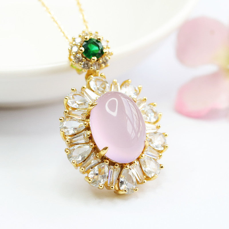 Purple Chalcedony Sterling Silver Necklace with Zircon Flower Embellishment