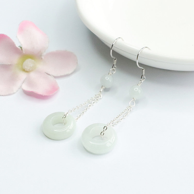925 Sterling Silver Jadeite Peace Ring Hook Earrings