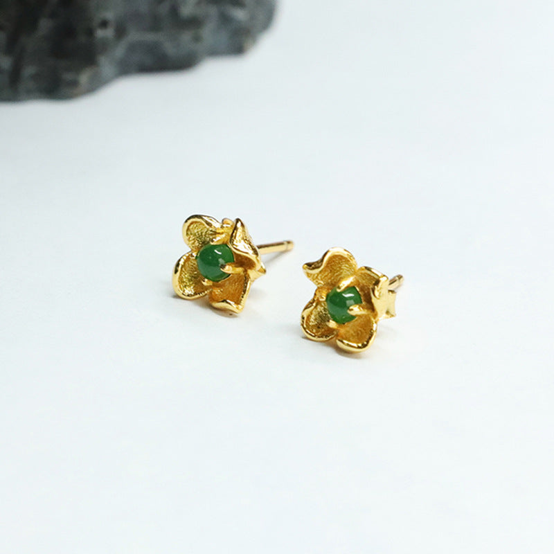 Icy Green Jadeite Flower 925 Silver Stud Earrings